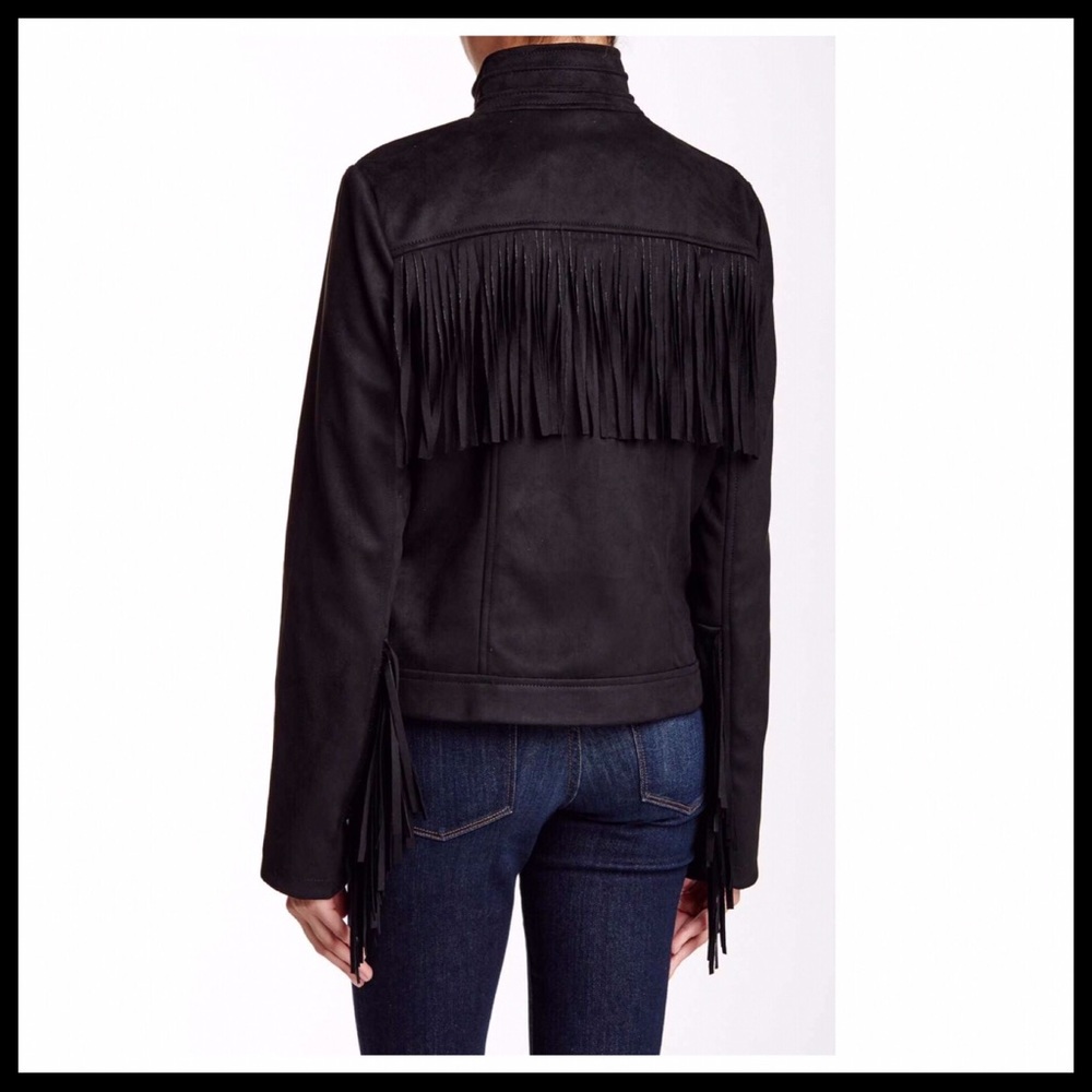 BLACK BOHO FRINGE VEGAN SUEDE MOTO BOMBER JACKET ZIP UP A2C - Picture 2 of 10